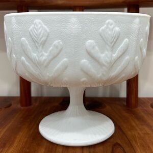 Vintage FTD 1975 Milk Glass Embossed Leaf Goblet Compote Candy Dish Footed Bowl